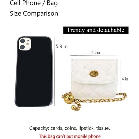 White mini leather belt bag for women chain waist fanny pack crossbody purse - Picture 4 of 7